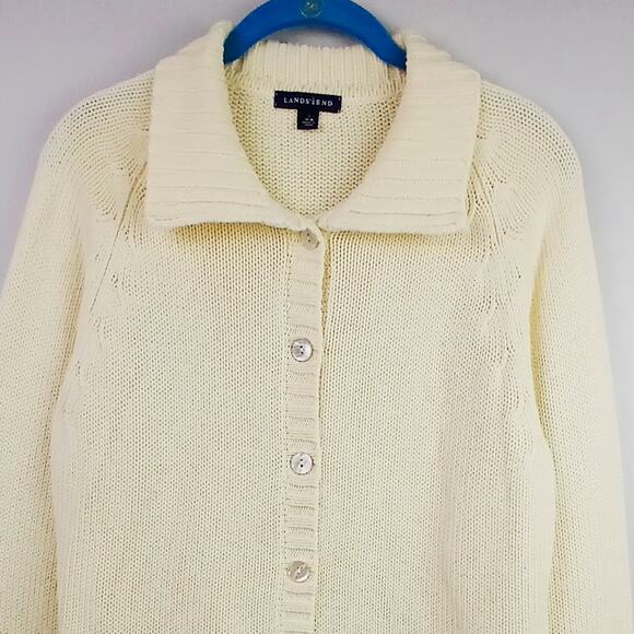 Lands' End VTG SZ L 100% Cotton Cardigan Sweater Cream Mother of Pearl Buttons - Picture 3 of 7